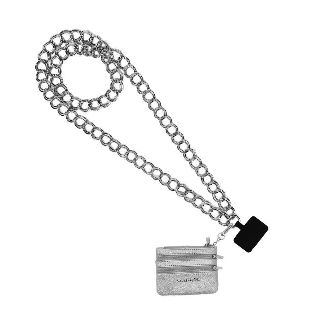 Clip & Go Double Link Chain Phone Strap with Pouch | Silver
